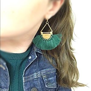 New Hunter Green Fan Tassel Earrings